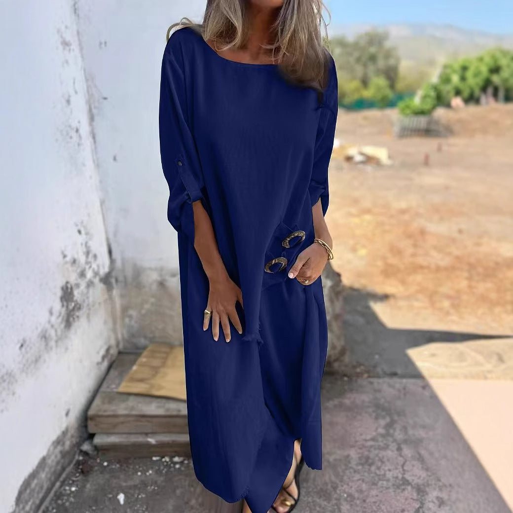New Metal Buckle Loose Irregular Linen Suit Top+Pants