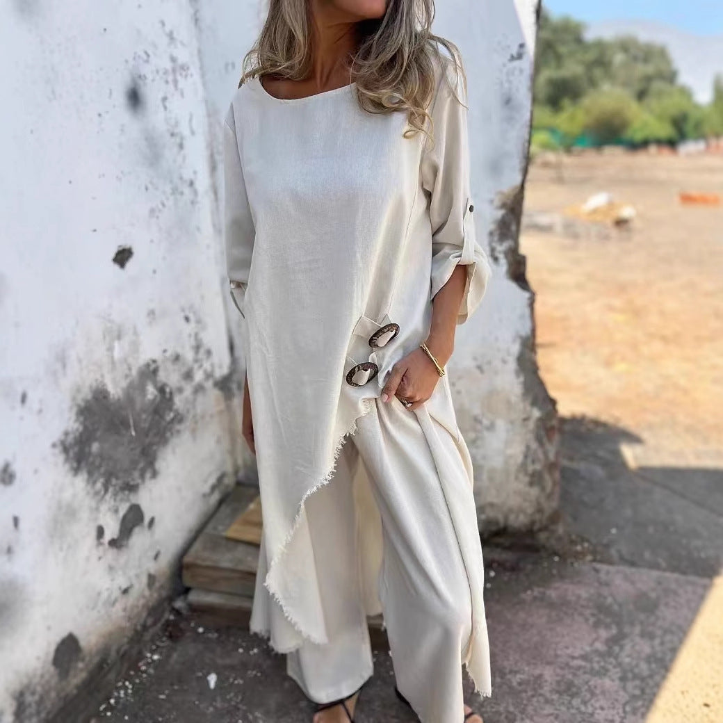 New Metal Buckle Loose Irregular Linen Suit Top+Pants
