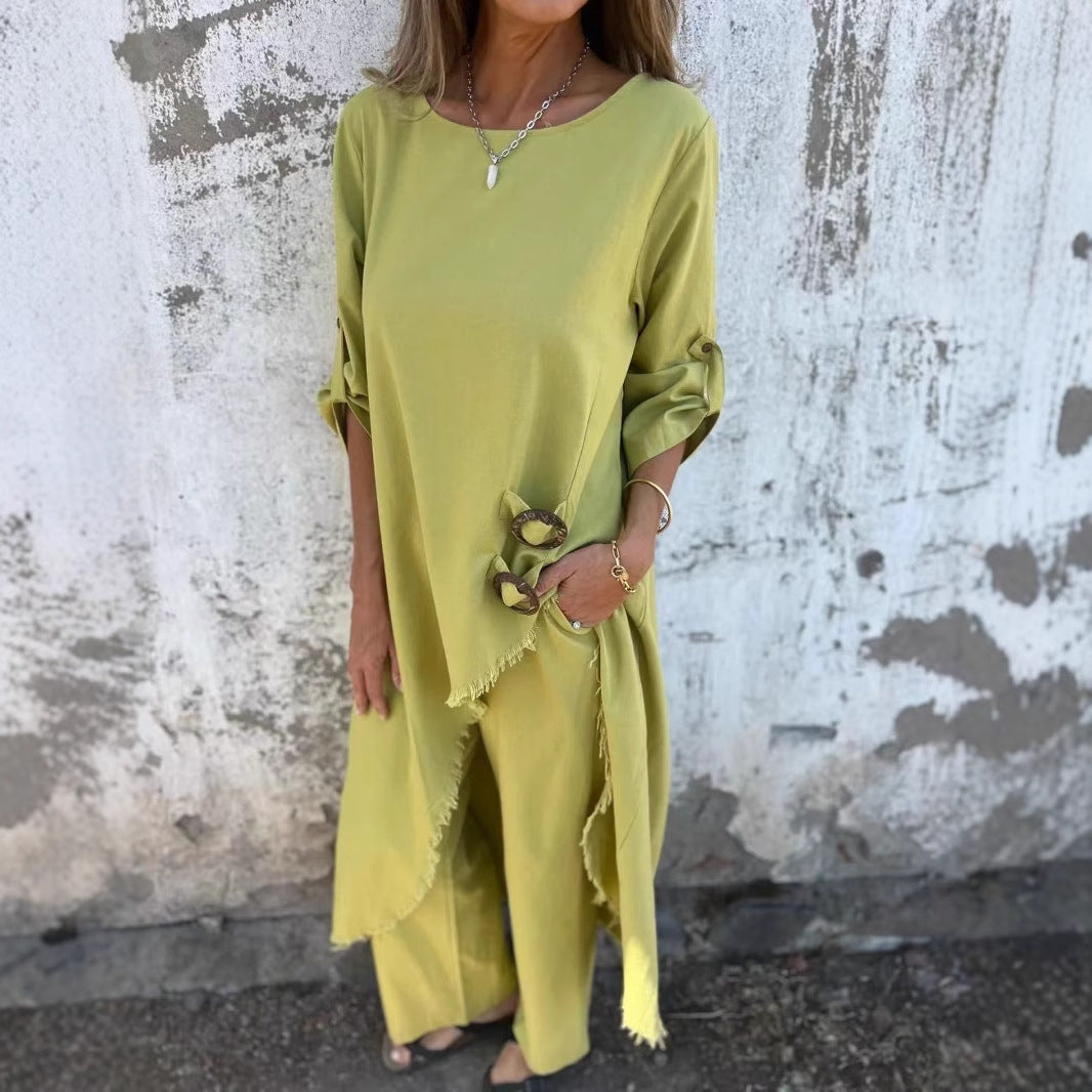 New Metal Buckle Loose Irregular Linen Suit Top+Pants