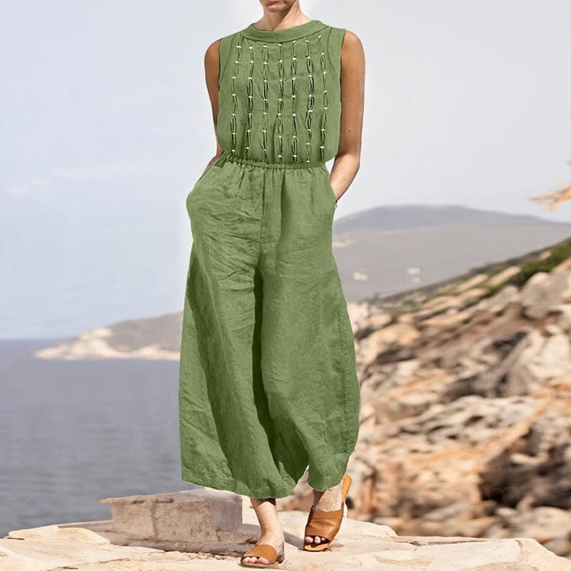 Women'S Cotton And Linen Casual Round Neck Jumpsuit