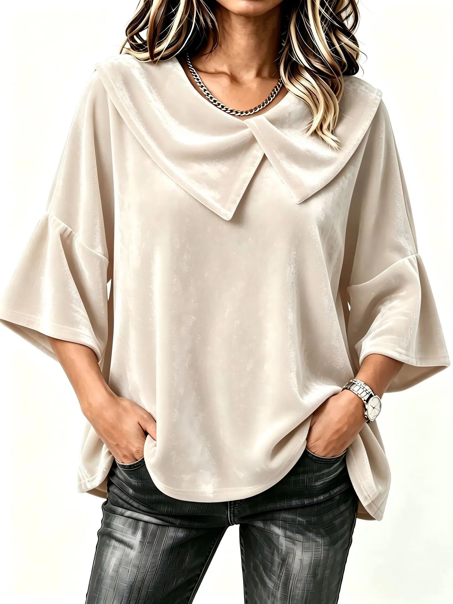 Women's Velvet Button-Front Collared Top - Relaxed Long Sleeve