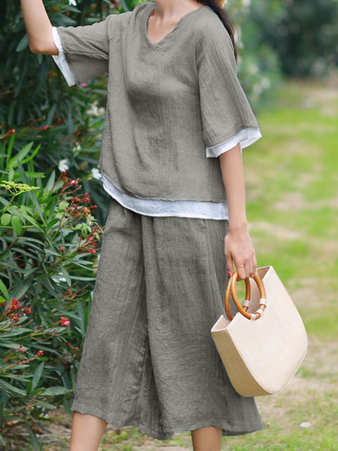 Ladies cotton and linen V-neck stitching casual suit