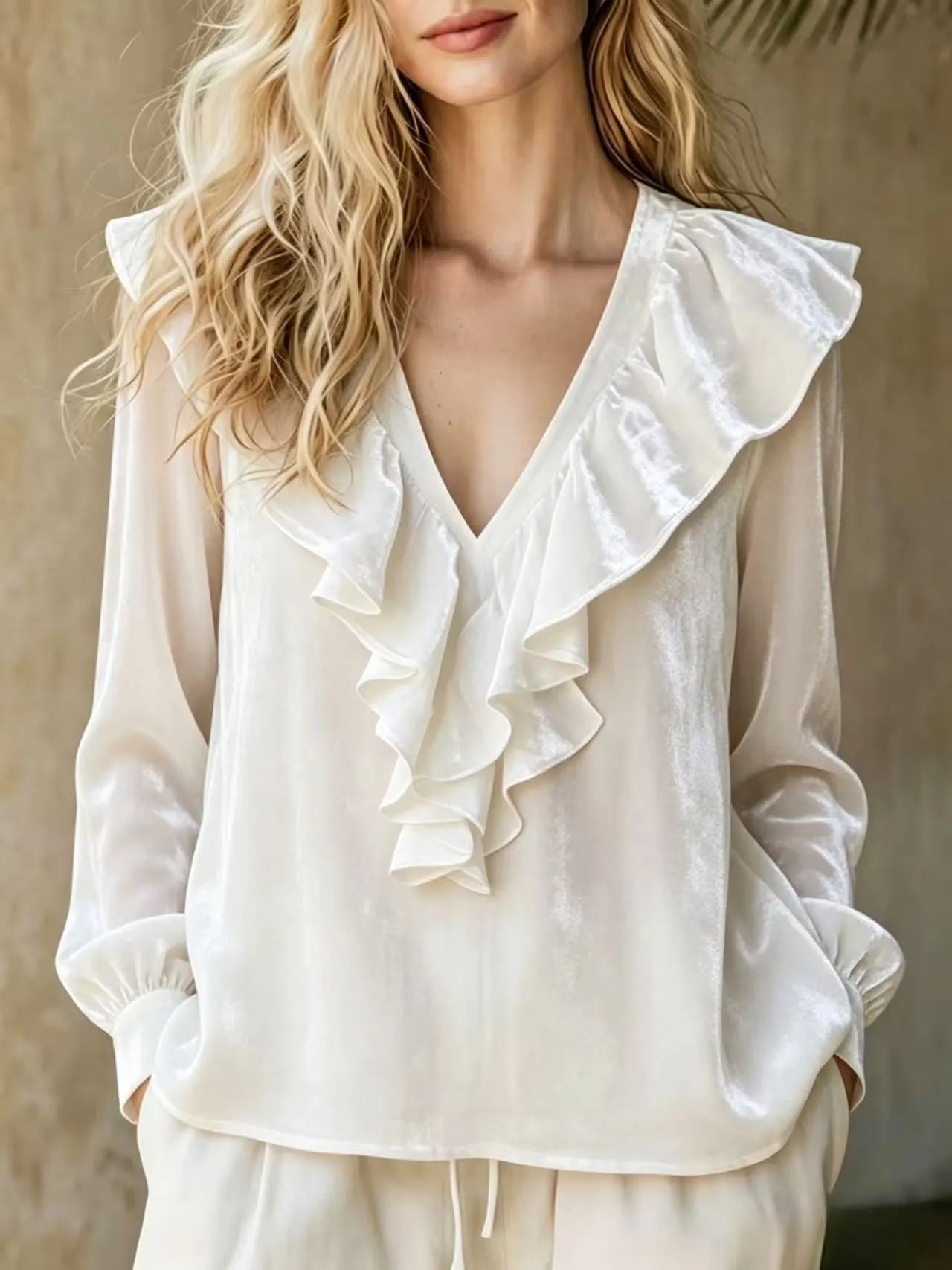 Women's Velvet V-Neck Ruffle Blouse - Romantic Long Sleeve Top