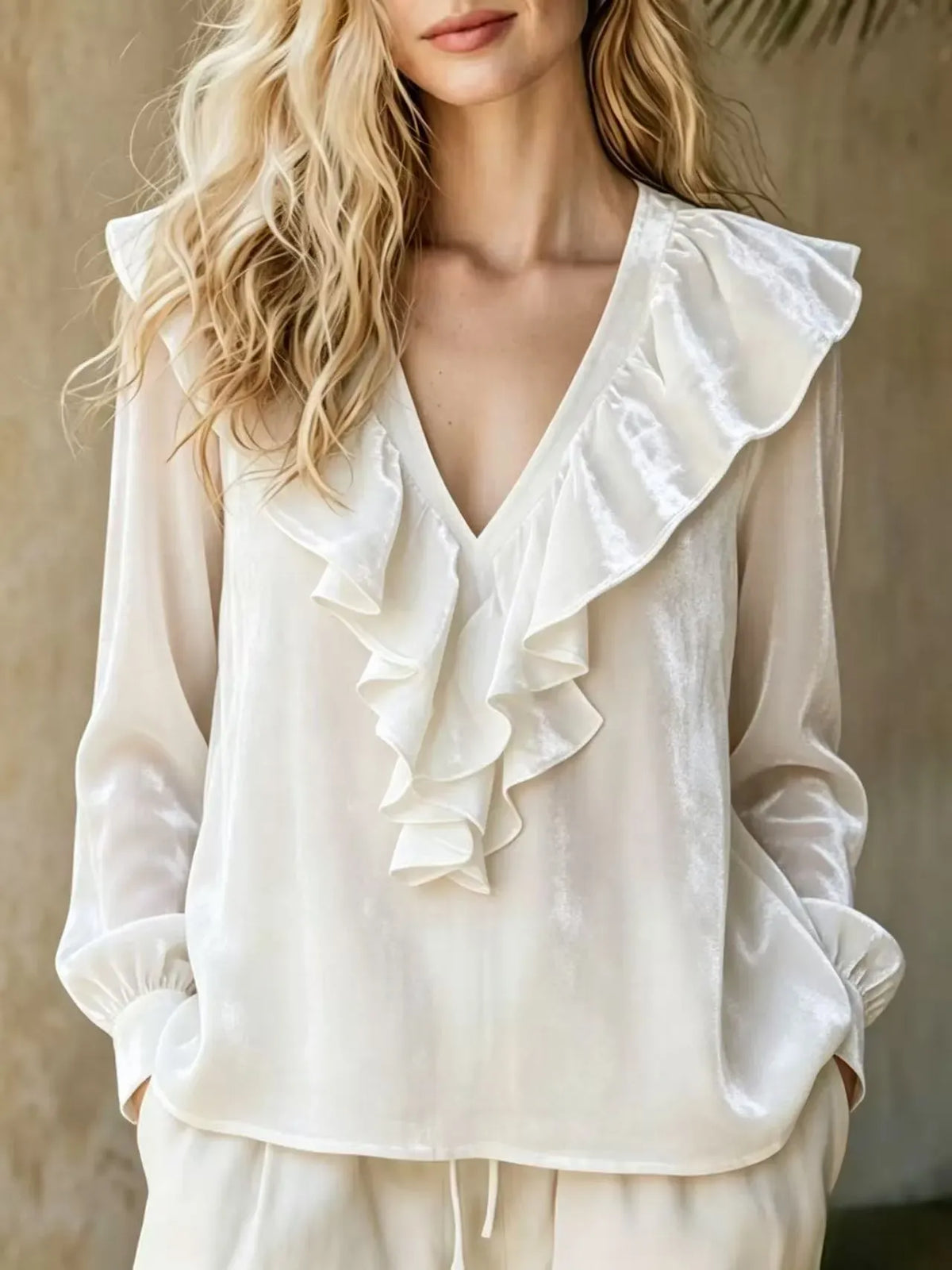 Women's Velvet V-Neck Ruffle Blouse - Romantic Long Sleeve Top