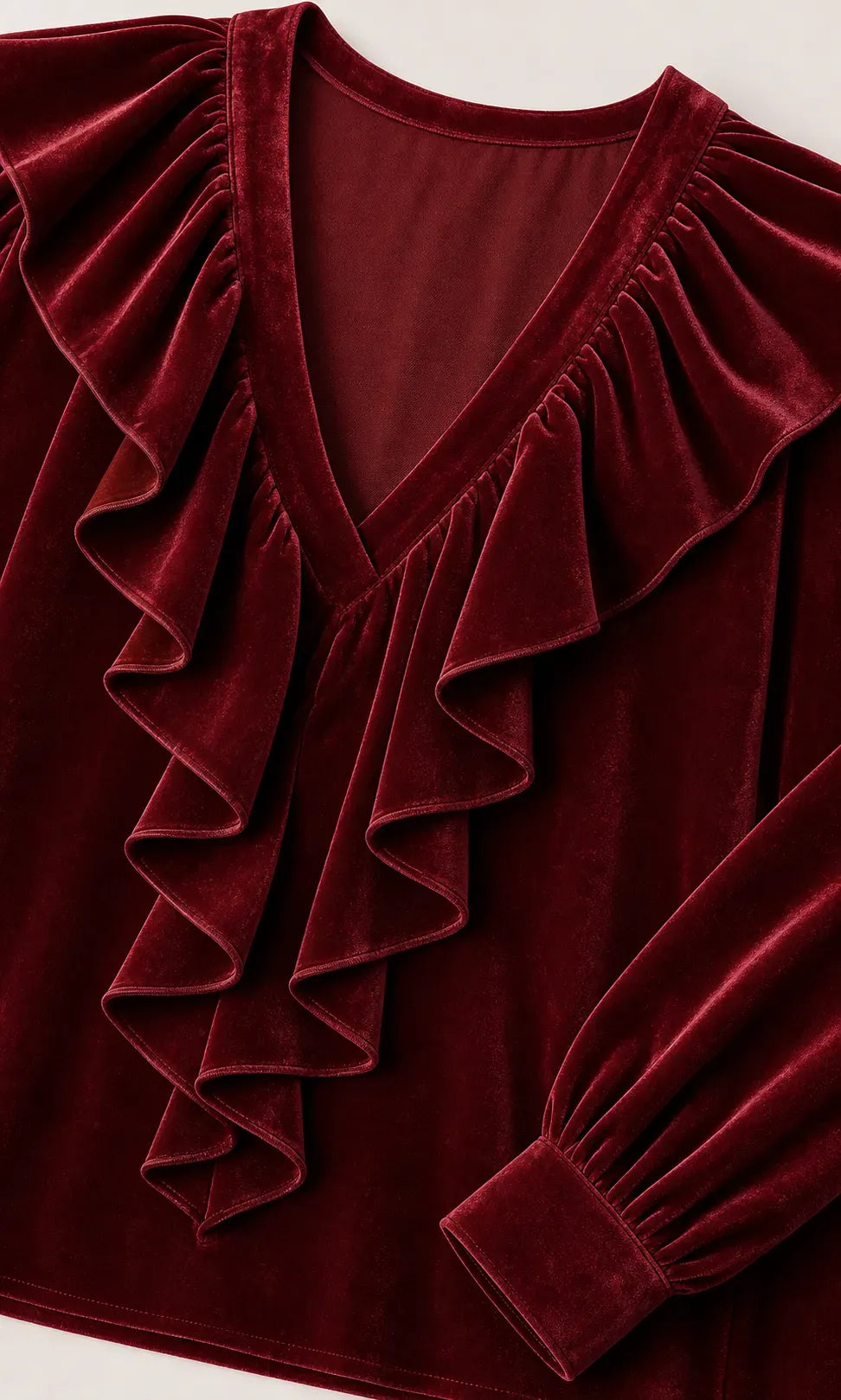 Women's Velvet V-Neck Ruffle Blouse - Romantic Long Sleeve Top
