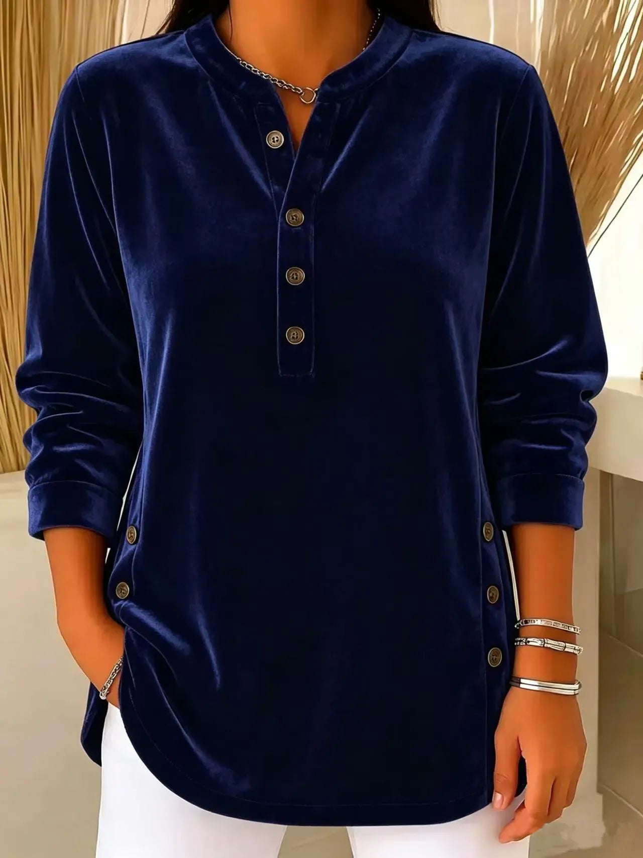 Women's Velvet Button-Front Long Sleeve Top – Relaxed Fit Henley Blouse
