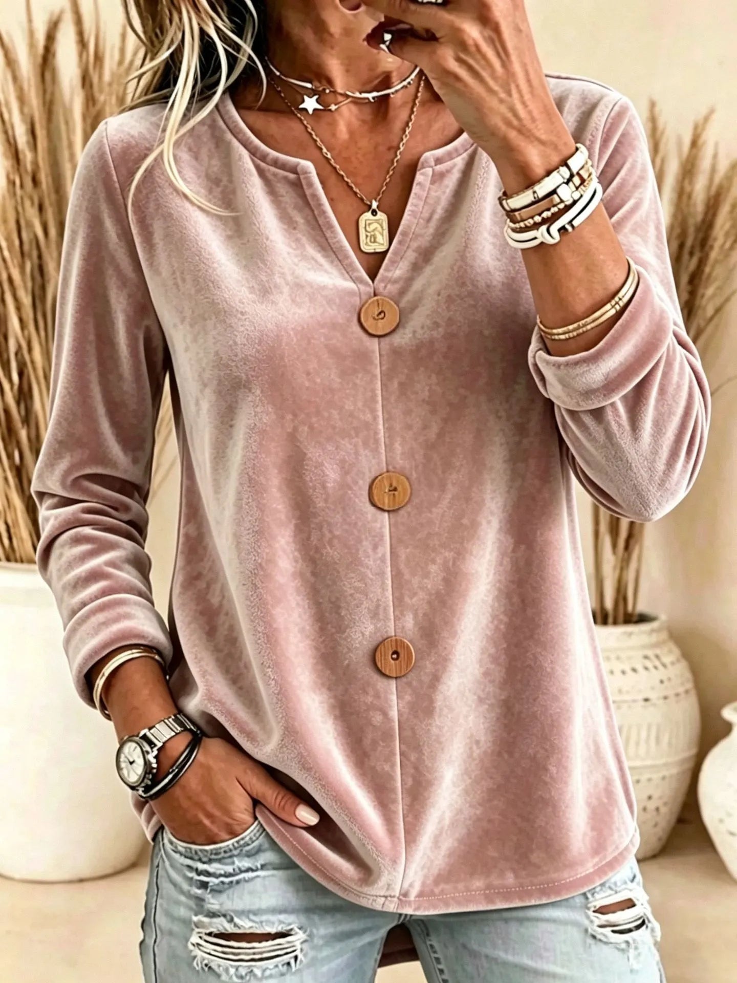 Women's Velvet V-Neck Button Long Sleeve Top – Relaxed Fit