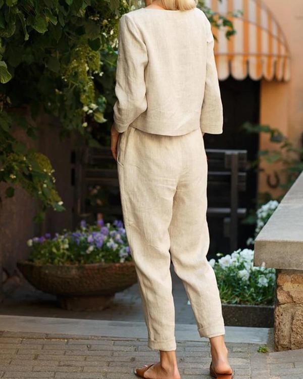 Autumn Solid Color Top And Tie Trousers Suit