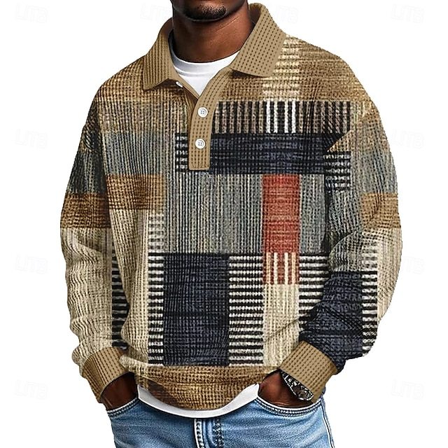 Men's Geometric Color Block Waffle Polo ShirtsCasual Athleisure Daily Wear Fall Winter