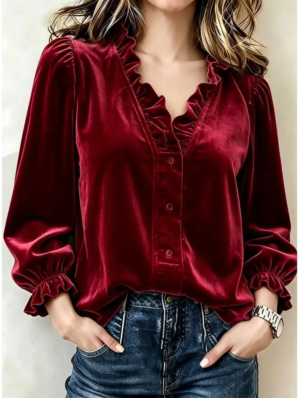 Women's Velvet Ruffle V-Neck Blouse – Button Front Puff Sleeve Top