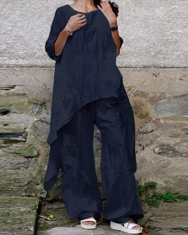 Casual Loose Irregular 3/4 Sleeve Cotton and Linen Two-piece Suit