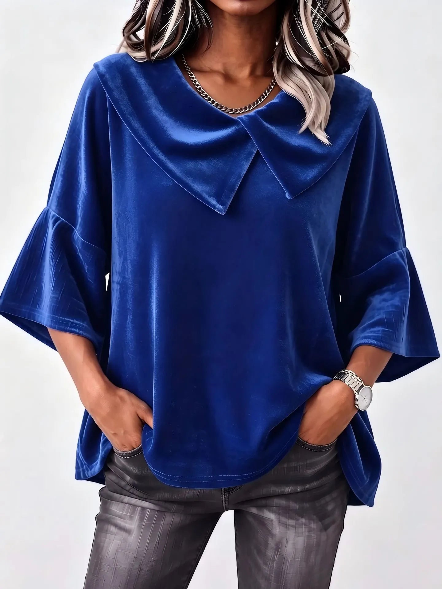 Women's Velvet Button-Front Collared Top - Relaxed Long Sleeve