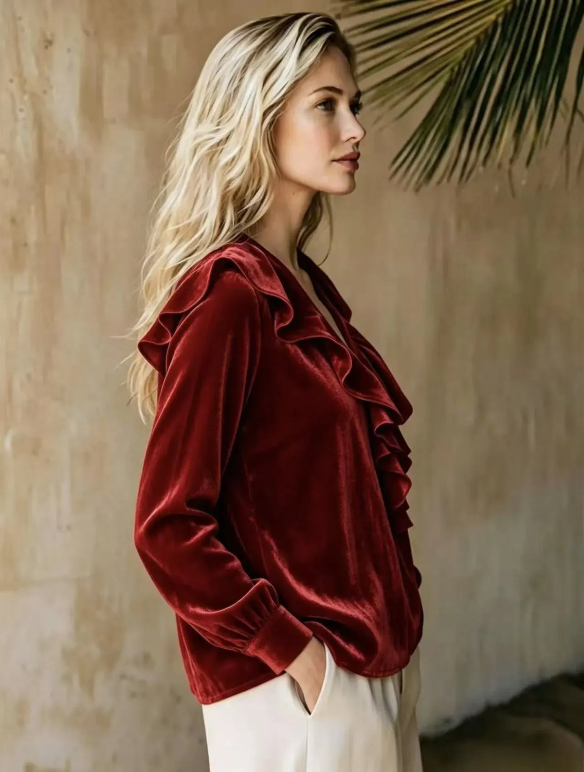 Women's Velvet V-Neck Ruffle Blouse - Romantic Long Sleeve Top
