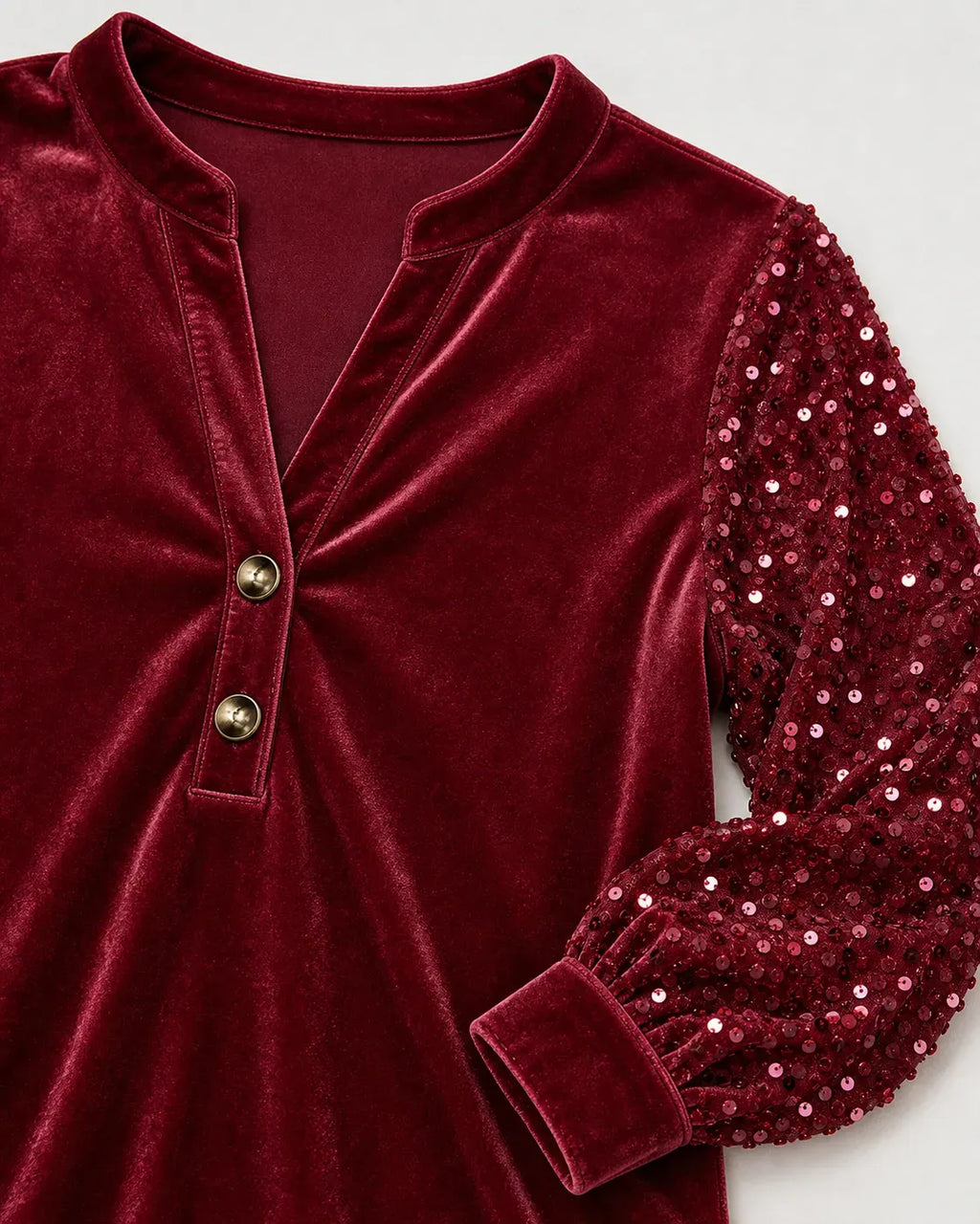 Women's Velvet V-Neck Sequin Sleeve Top - Two-Button Party Blouse