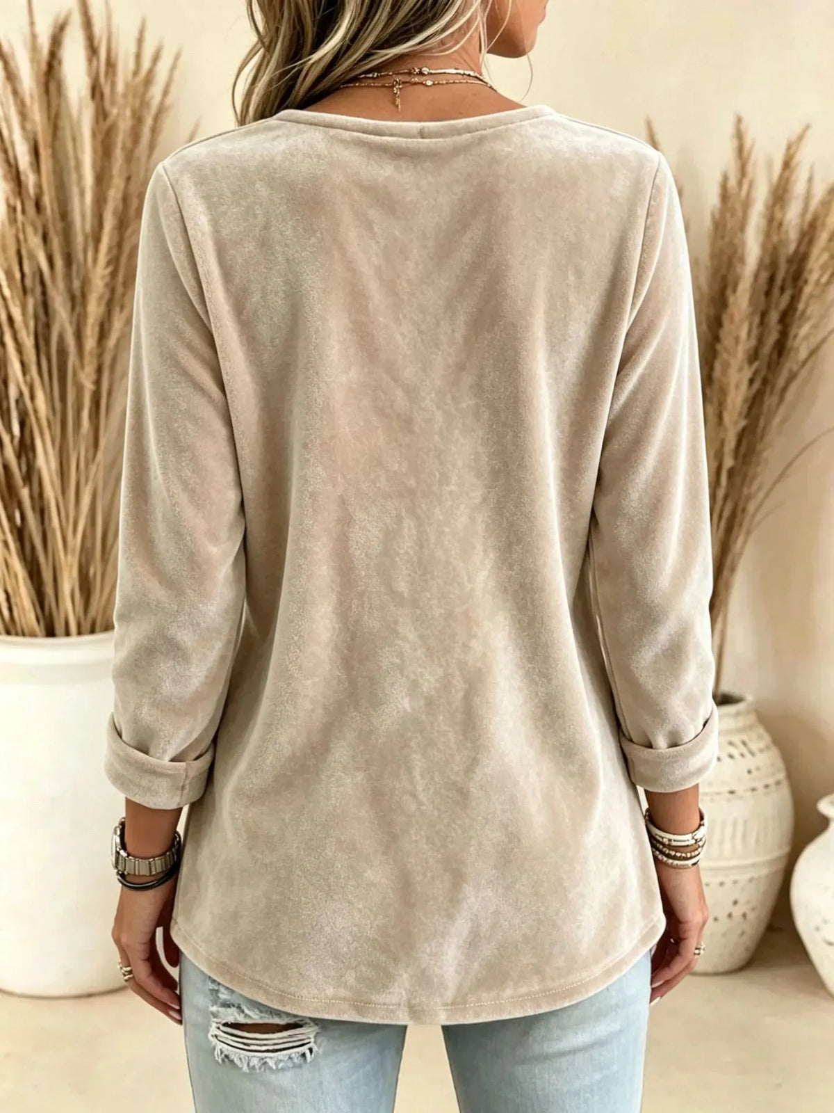 Women's Velvet V-Neck Button Long Sleeve Top – Relaxed Fit