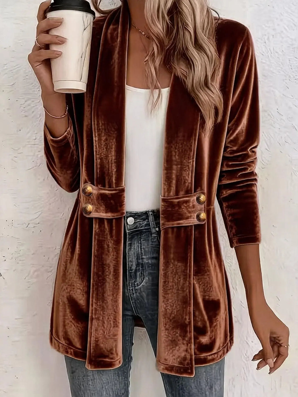 Women's Velvet Open-Front Longline Cardigan – Button Pocket Detail