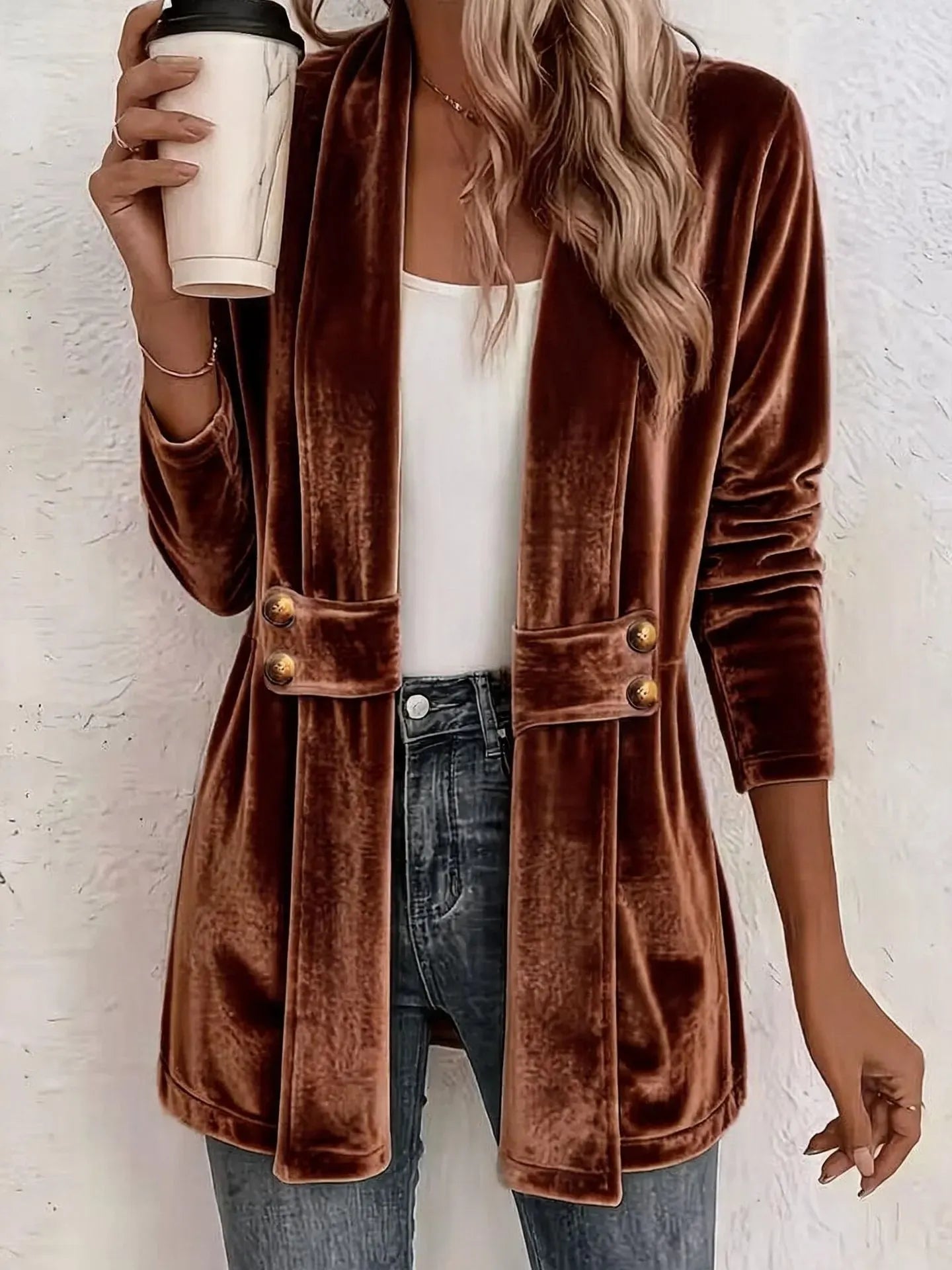 Women's Velvet Open-Front Longline Cardigan – Button Pocket Detail