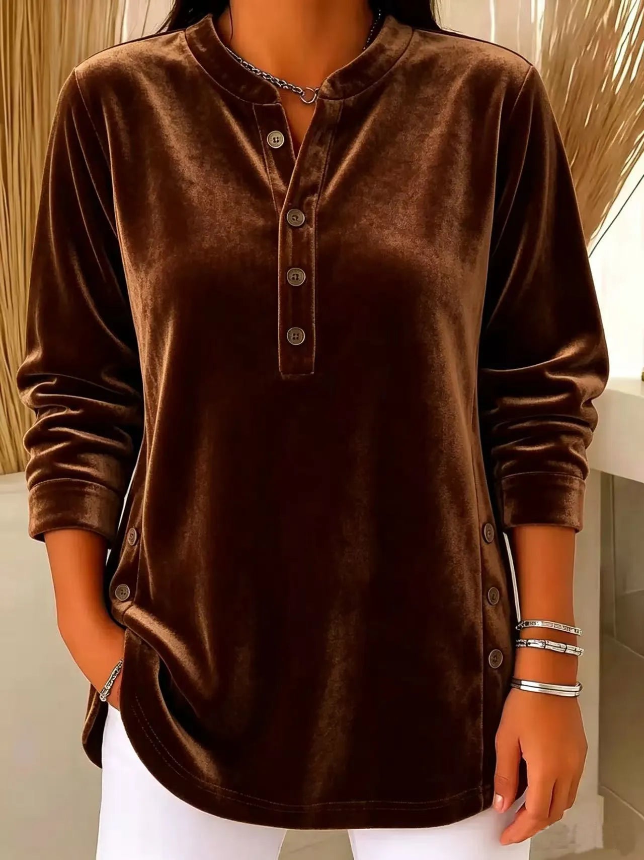Women's Velvet Button-Front Long Sleeve Top – Relaxed Fit Henley Blouse