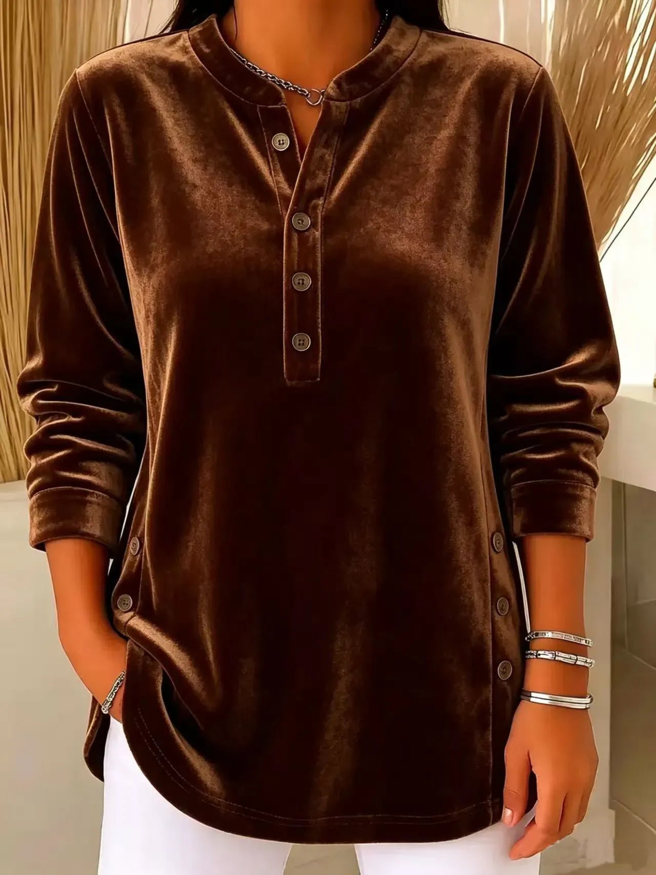 Women's Velvet Button-Front Long Sleeve Top – Relaxed Fit Henley Blouse