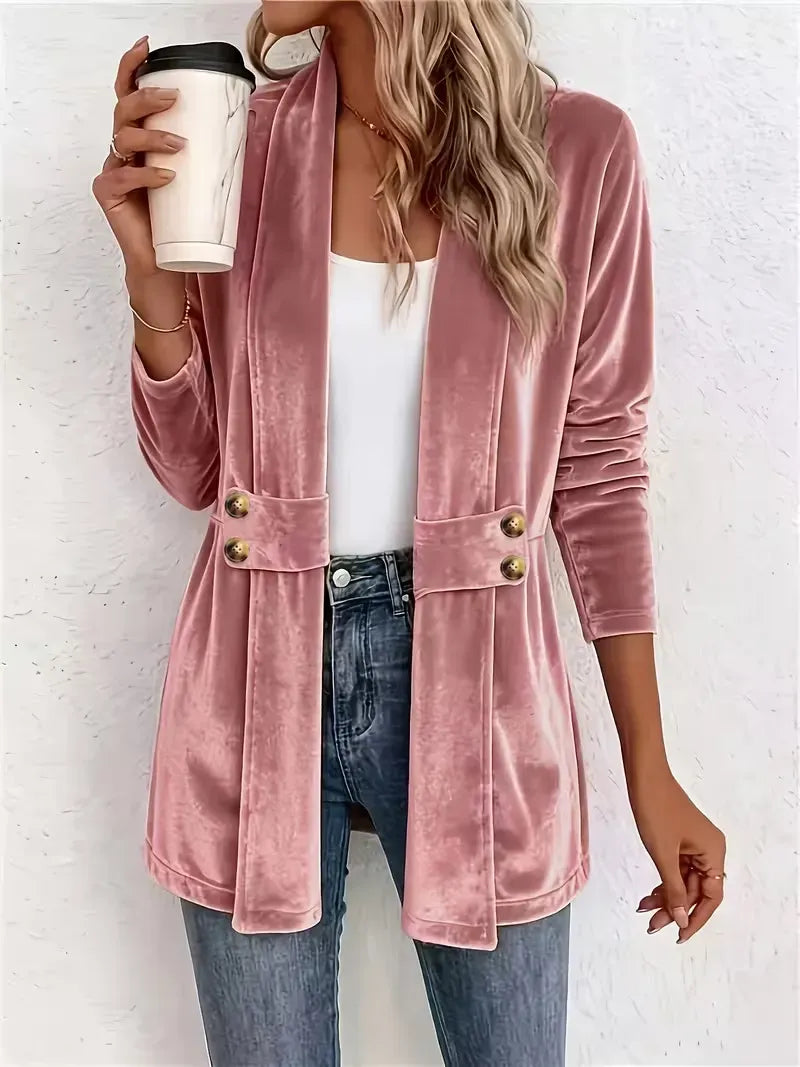 Women's Velvet Open-Front Longline Cardigan – Button Pocket Detail