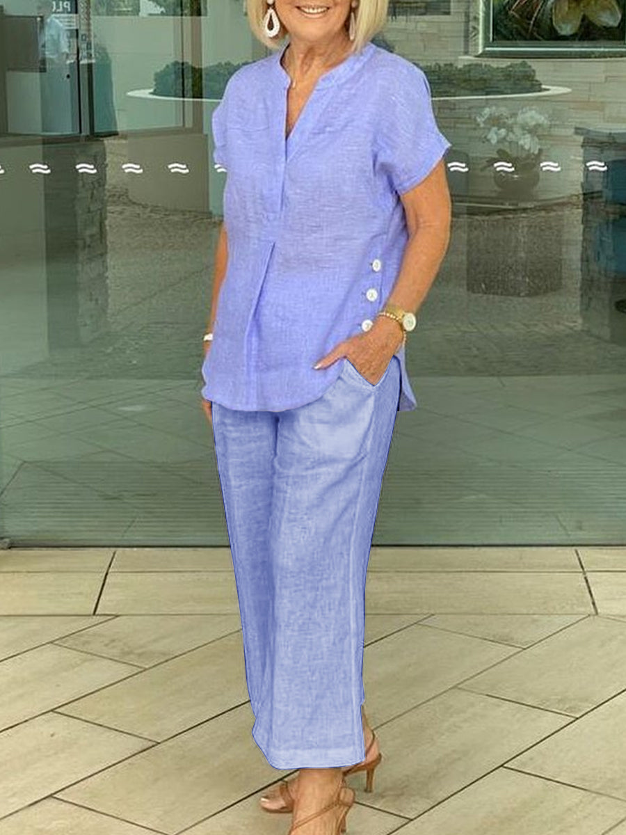 Women V Neck Simple Color Short Sleeve Suit