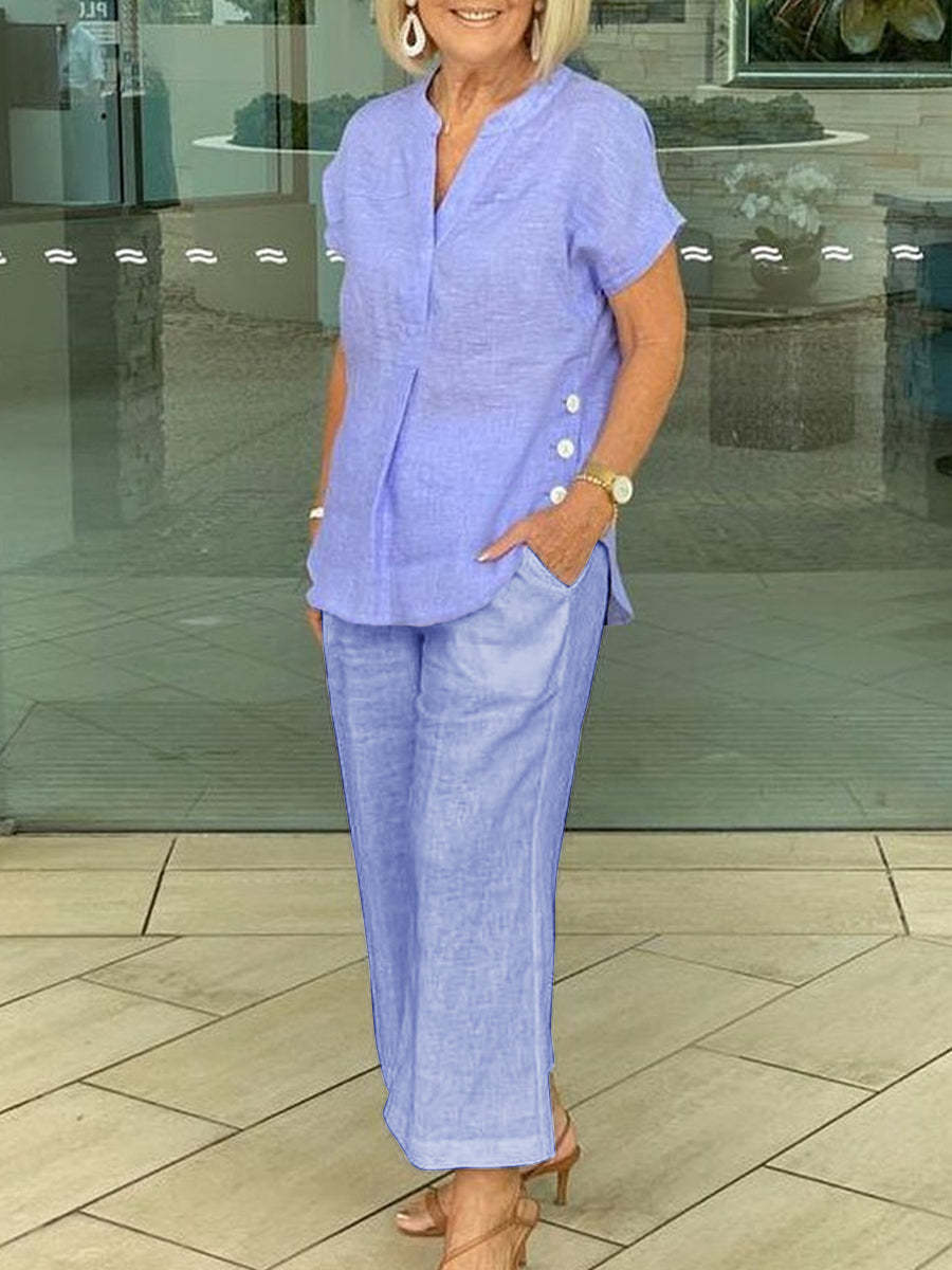 Women V Neck Simple Color Short Sleeve Suit