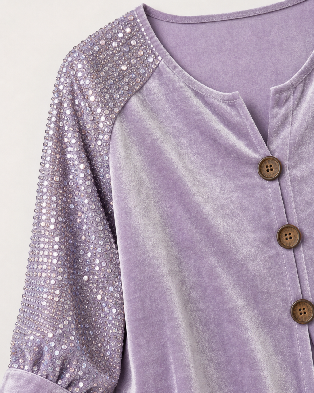 Women's Velvet Sequin Sleeve Button-Front Top – Sparkle Detail Blouse