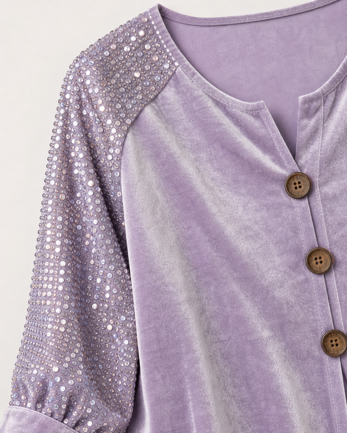 Women's Velvet Sequin Sleeve Button-Front Top – Sparkle Detail Blouse