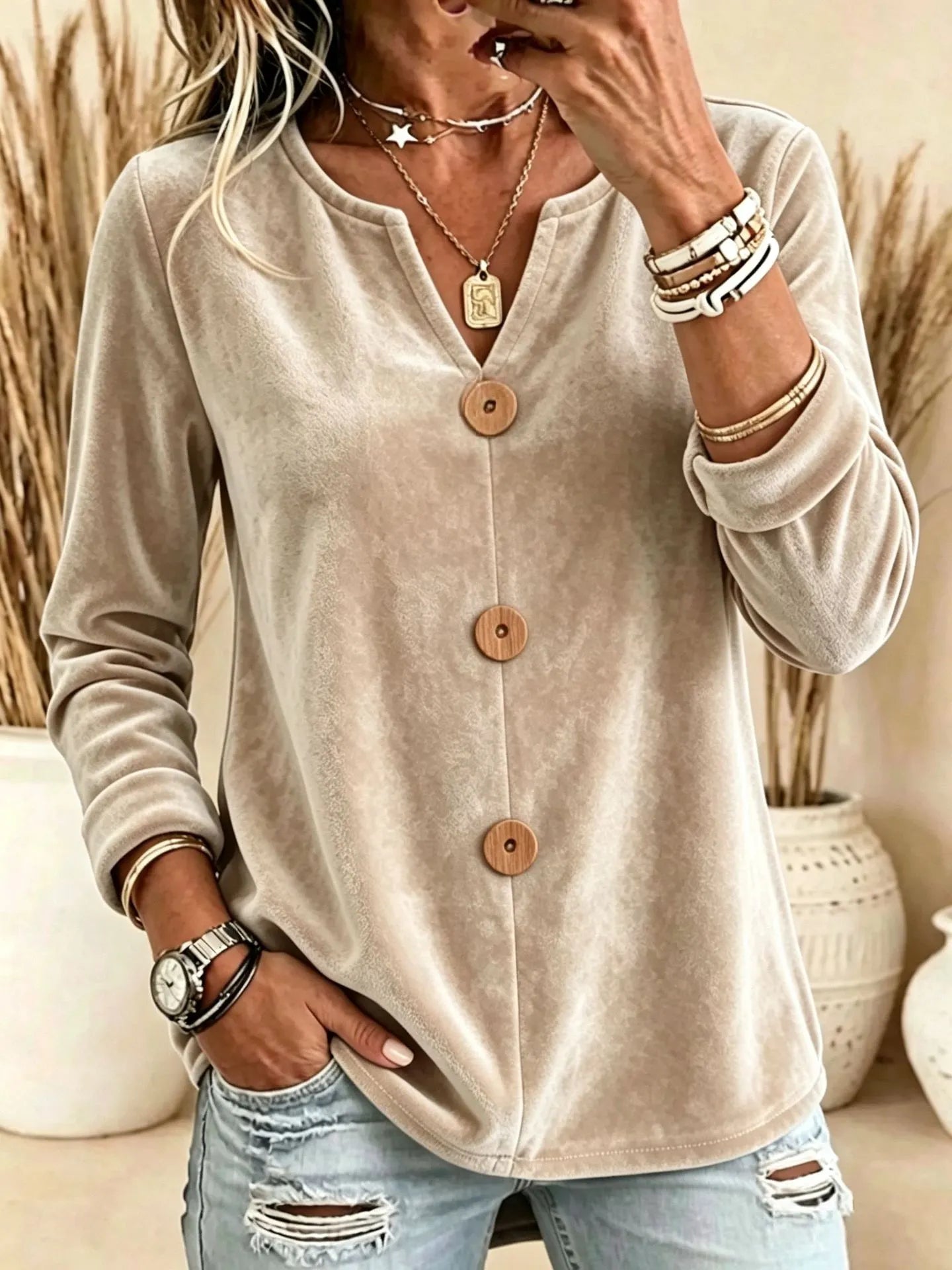 Women's Velvet V-Neck Button Long Sleeve Top – Relaxed Fit