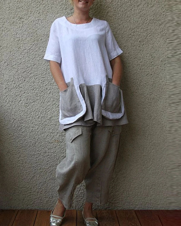 Cotton And Linen Short Sleeve Big Pocket Women's Suit