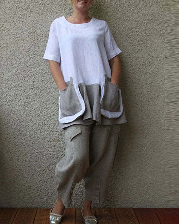 Cotton And Linen Short Sleeve Big Pocket Women's Suit