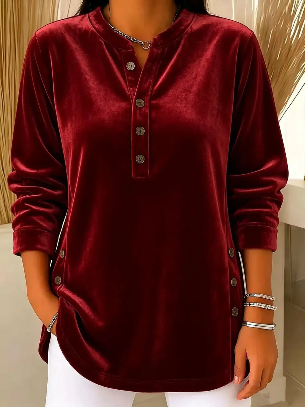 Women's Velvet Button-Front Long Sleeve Top – Relaxed Fit Henley Blouse