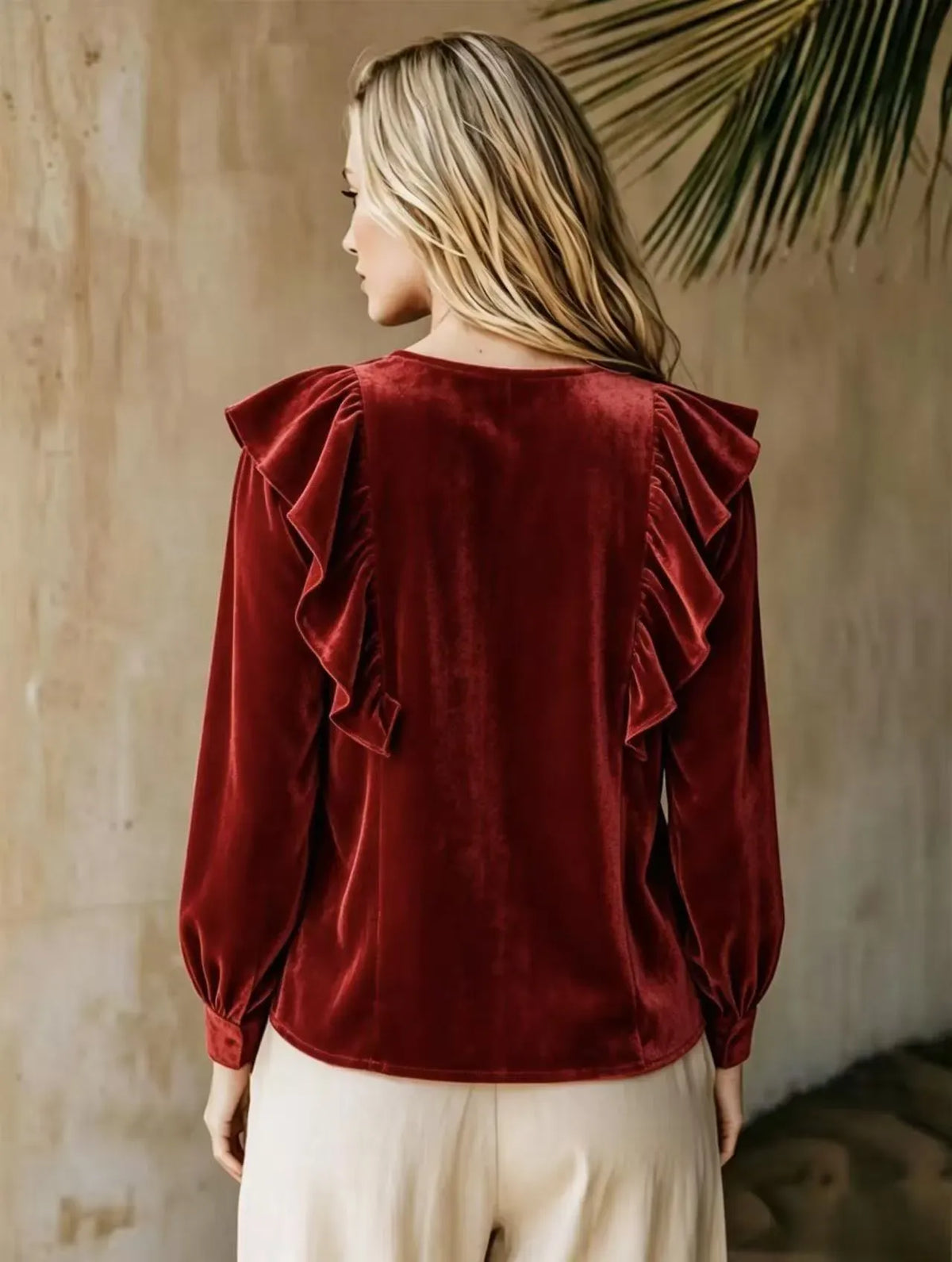 Women's Velvet V-Neck Ruffle Blouse - Romantic Long Sleeve Top