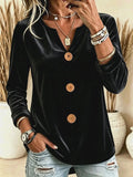 Women's Velvet V-Neck Button Long Sleeve Top – Relaxed Fit