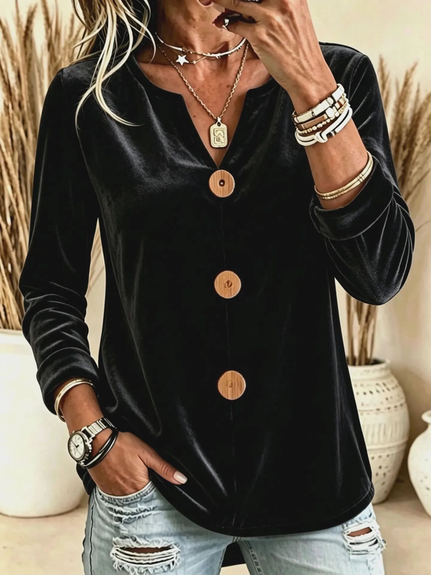 Women's Velvet V-Neck Button Long Sleeve Top – Relaxed Fit