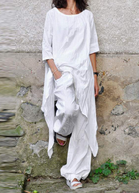 Casual Loose Irregular 3/4 Sleeve Cotton and Linen Two-piece Suit
