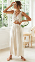 Stylish Front Drawstring & Wide Legs Pants Two-Pieces Suits