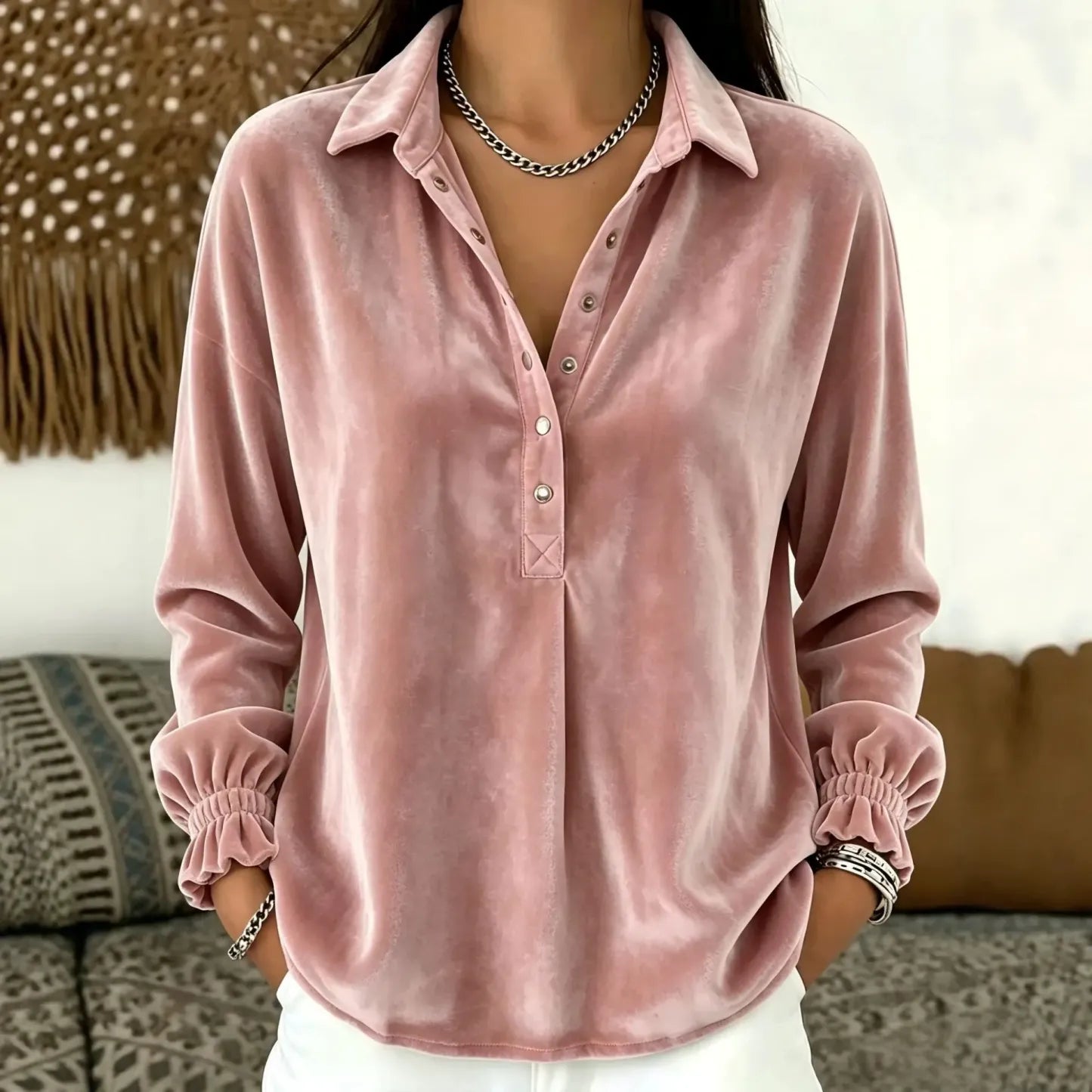 Women's Velvet Collared Button-Front Top - Gathered Cuff Blouse