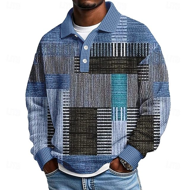 Men's Geometric Color Block Waffle Polo ShirtsCasual Athleisure Daily Wear Fall Winter