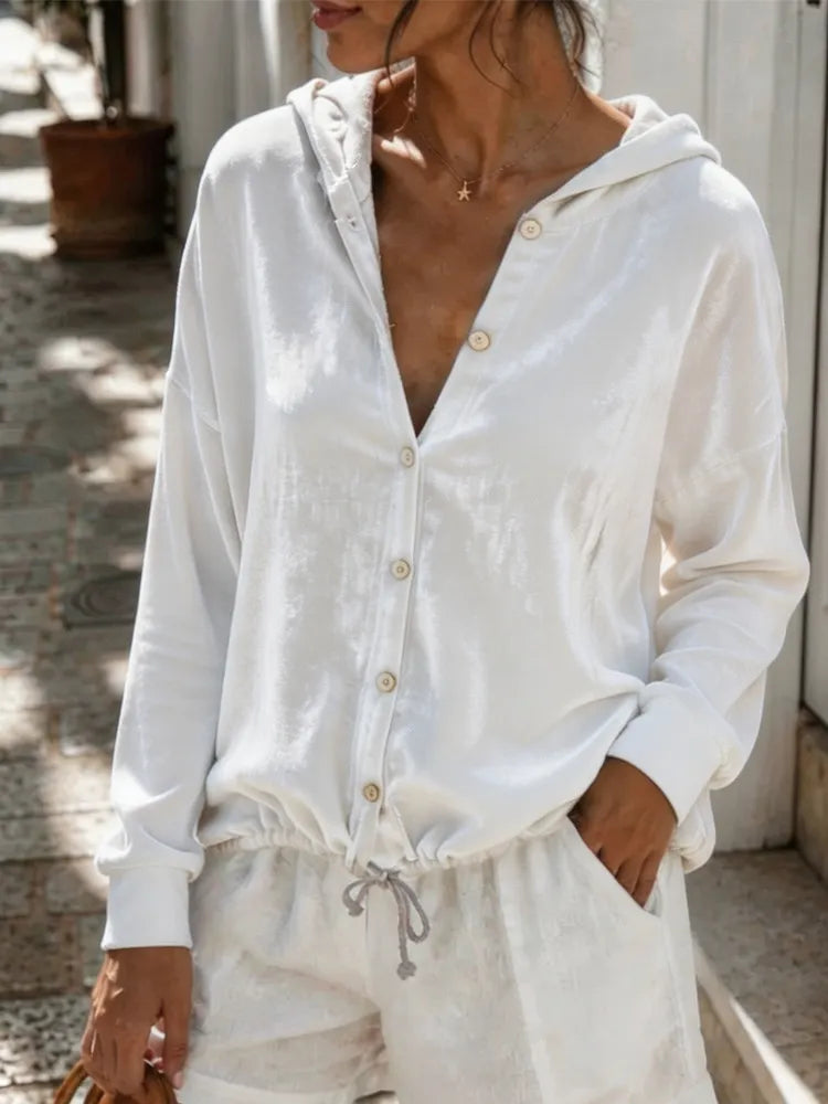 Women's Velvet Hooded Button-Front Top - Relaxed Pullover