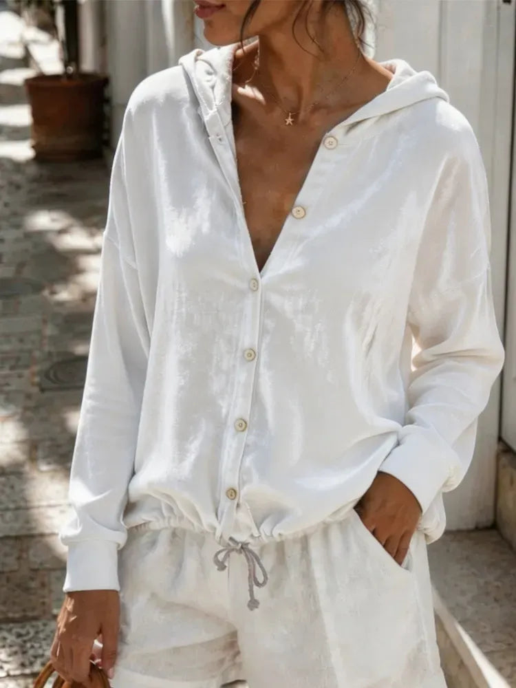 Women's Velvet Hooded Button-Front Top - Relaxed Pullover