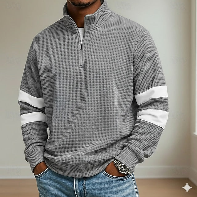 Men's Waffle Polo Shirts School Athleisure Standing Collar Long Sleeve Leisure Tops