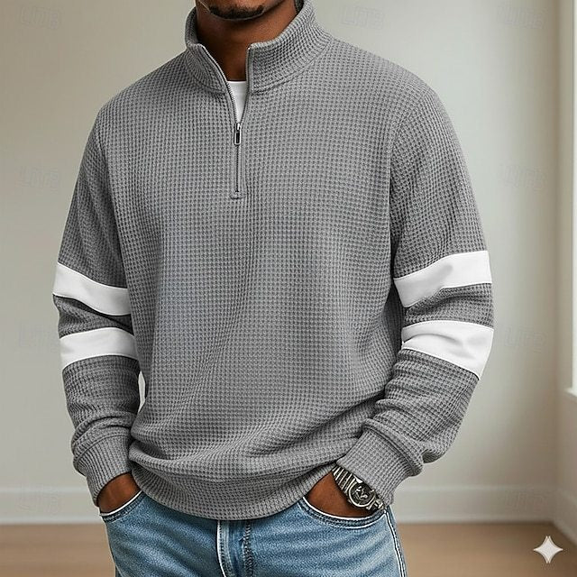 Men's Waffle Polo Shirts School Athleisure Standing Collar Long Sleeve Leisure Tops