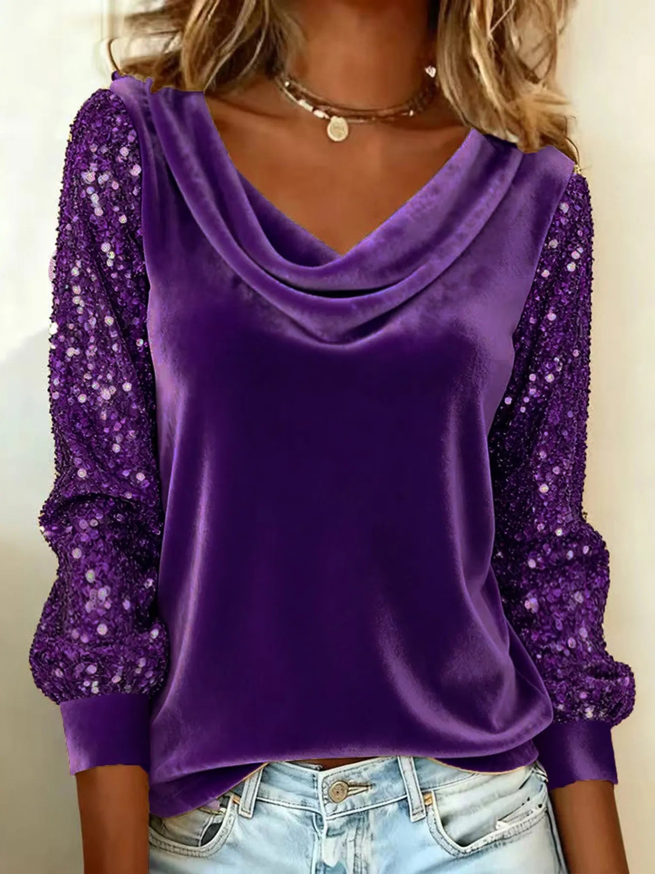 Women's Velvet Cowl-Neck Sequin Sleeve Top - Party Ready