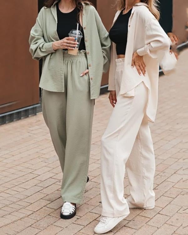 Linen Set Casual Shirt Elastic Pants Suits