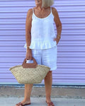 Pure Color Ruffle Hem Linen Cotton Camis Shorts Set
