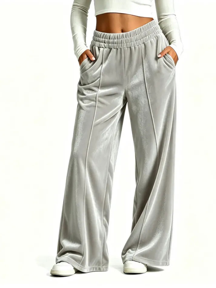 Women's Velvet Wide-Leg Pants – Elastic Waist Casual Trousers