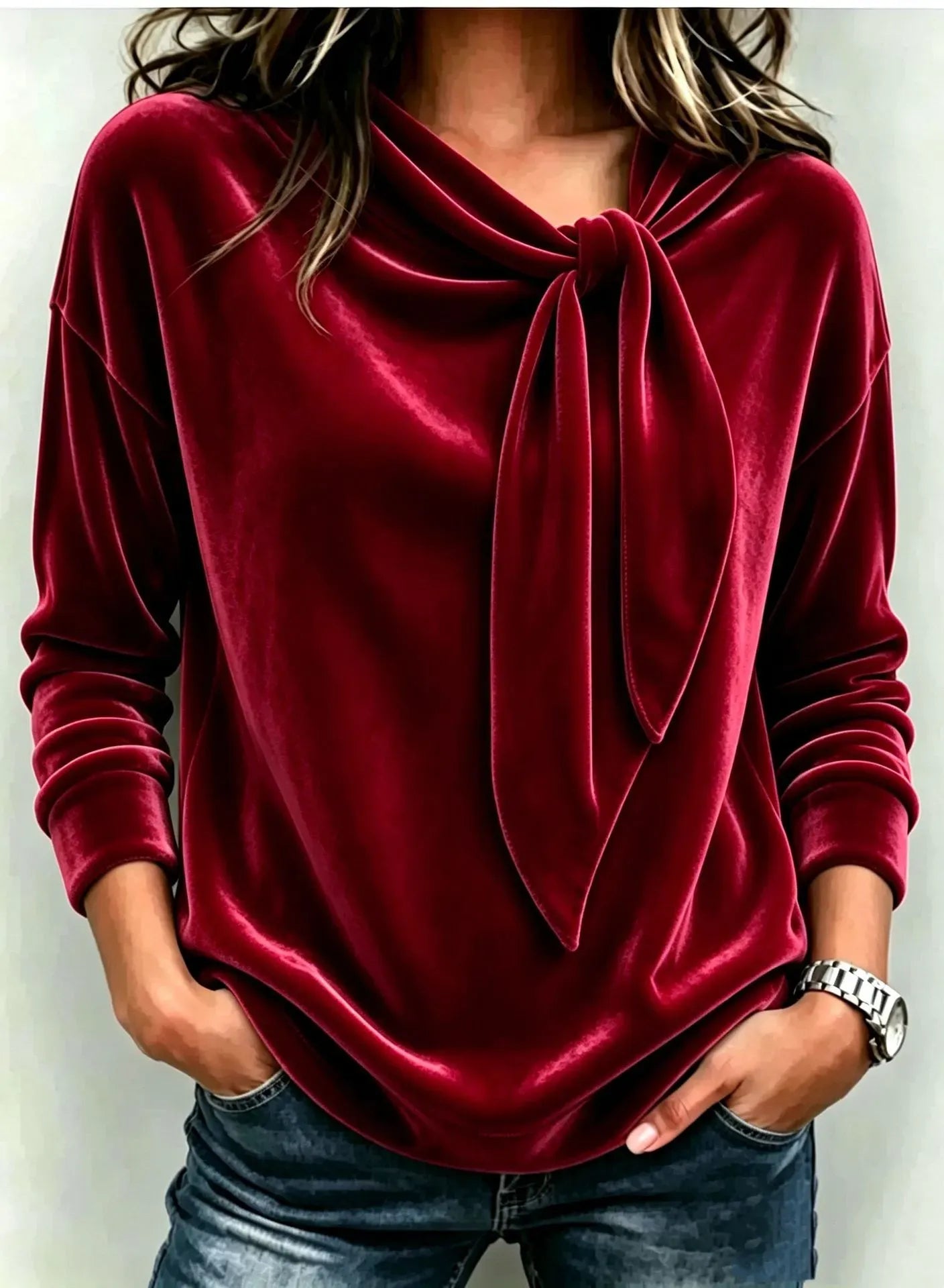 Women's Velvet Bow Detail Long Sleeve Top – Soft Elegant Blouse
