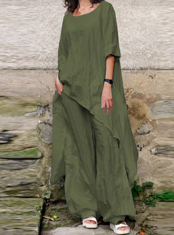 Casual Loose Irregular 3/4 Sleeve Cotton and Linen Two-piece Suit