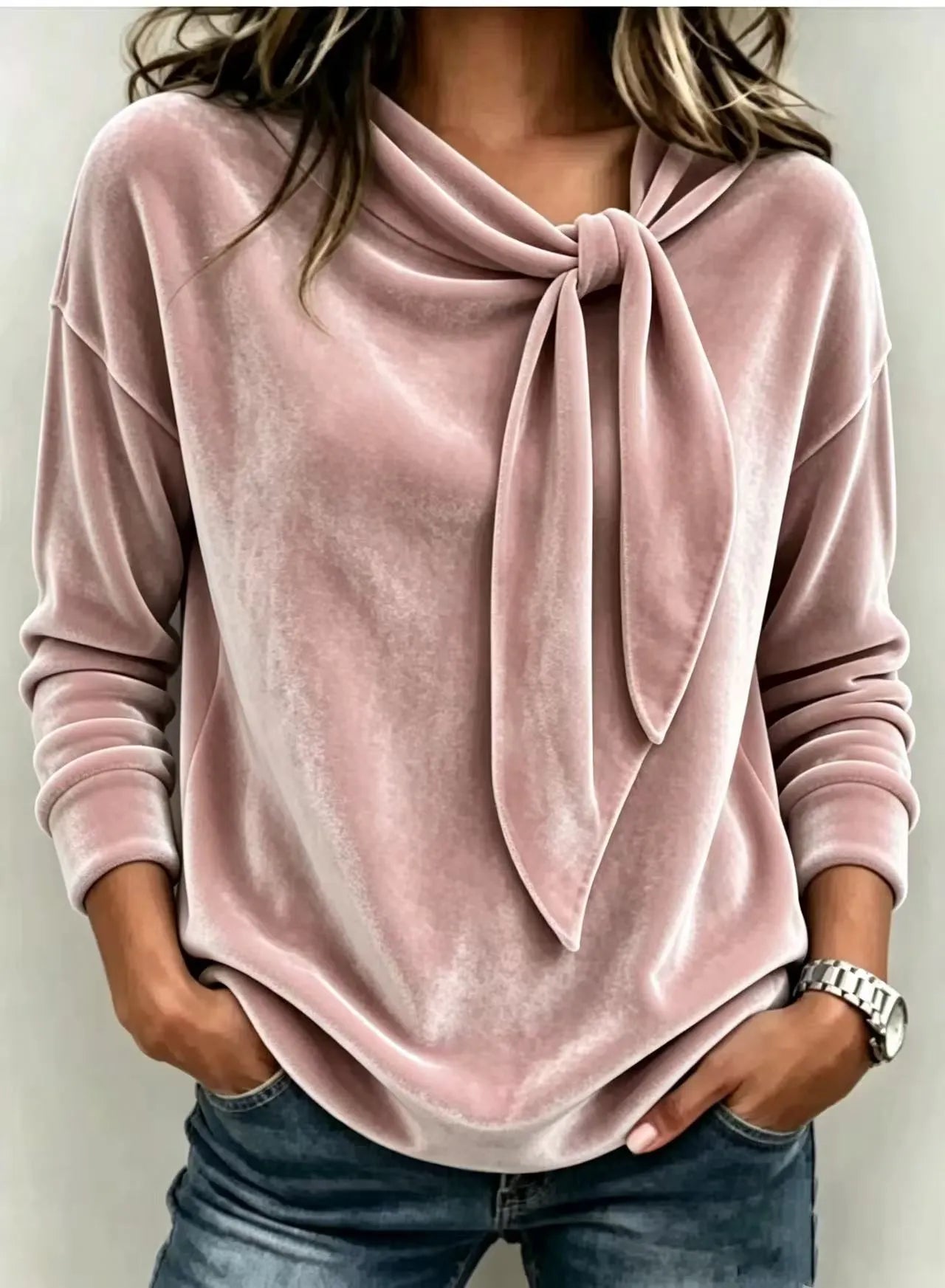 Women's Velvet Bow Detail Long Sleeve Top – Soft Elegant Blouse